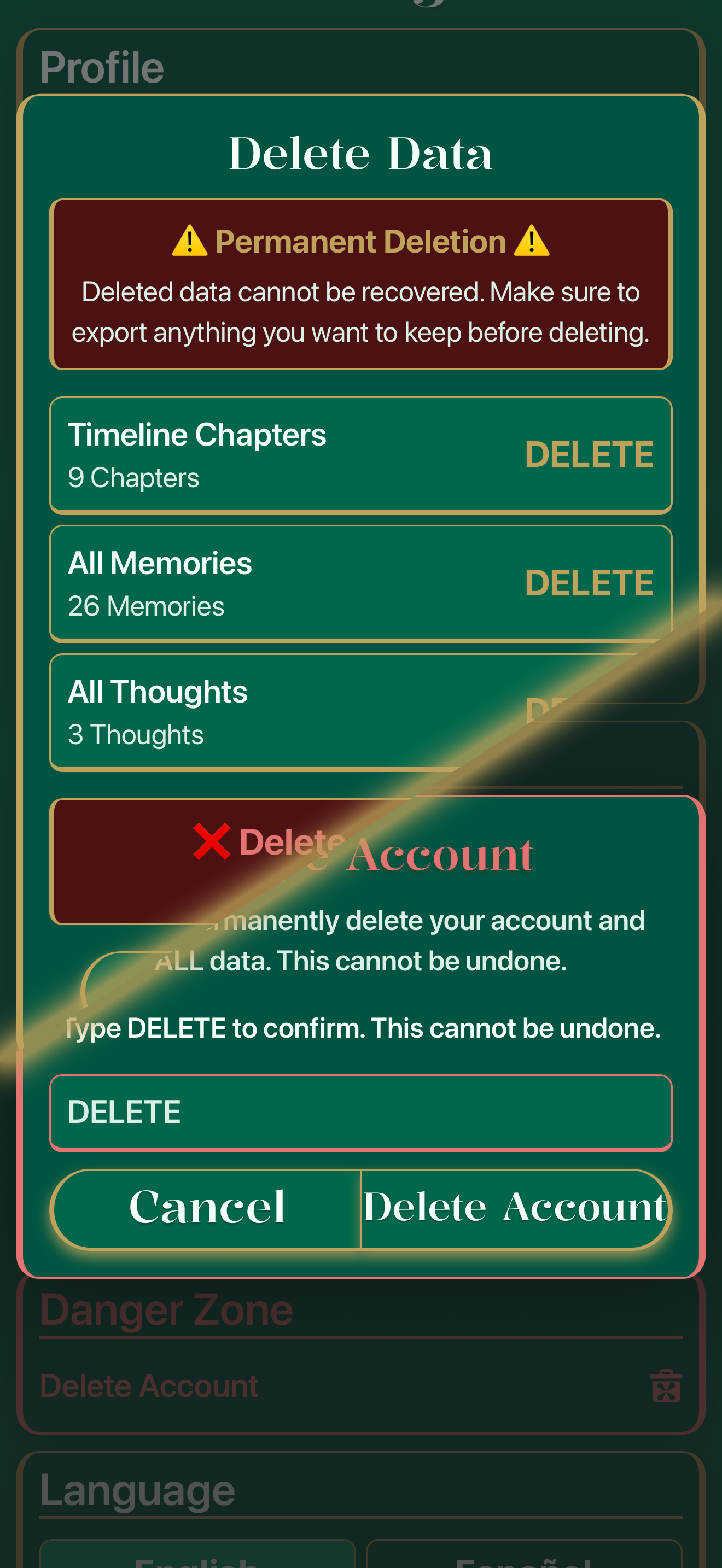 Life Tape Settings screen showing the Delete Account option
