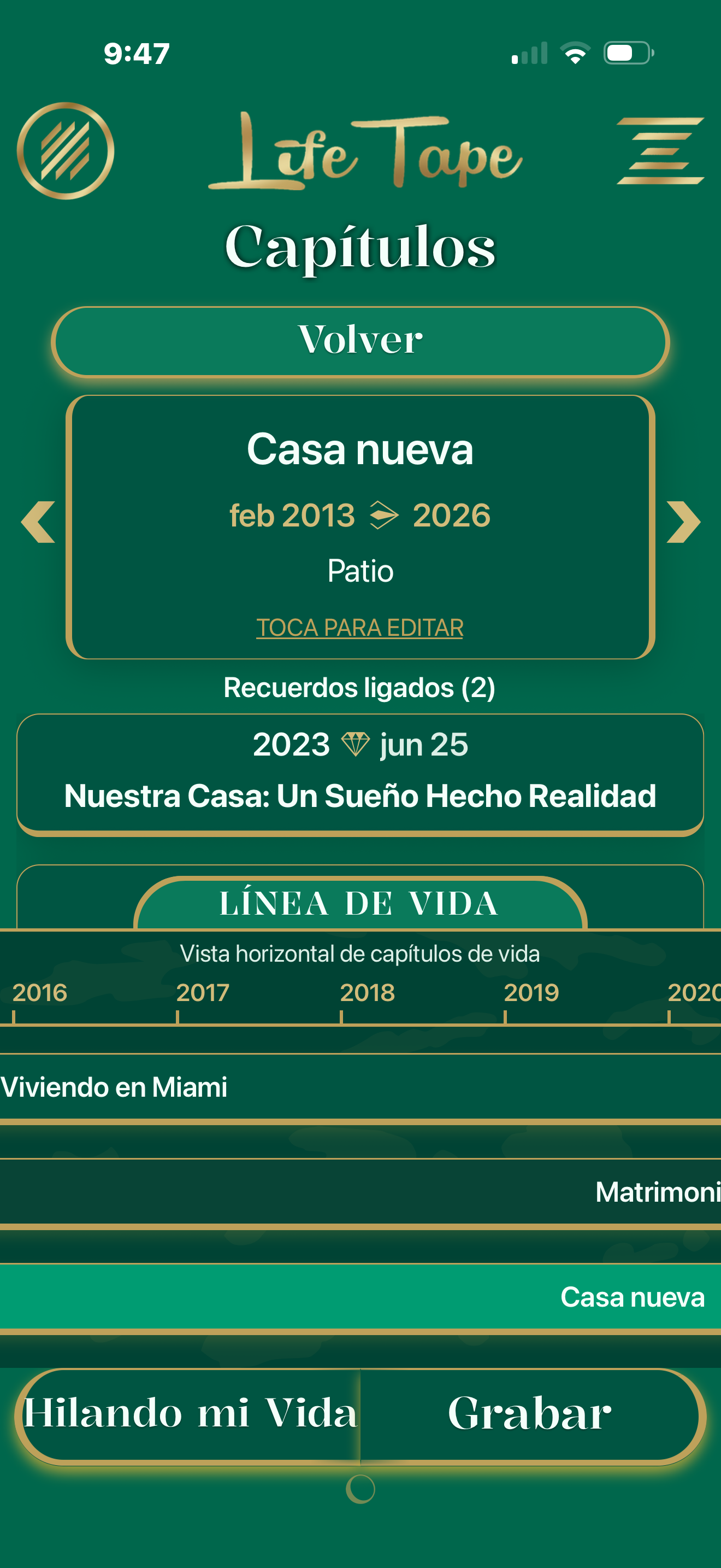 Pantalla de cronología con capítulos de vida