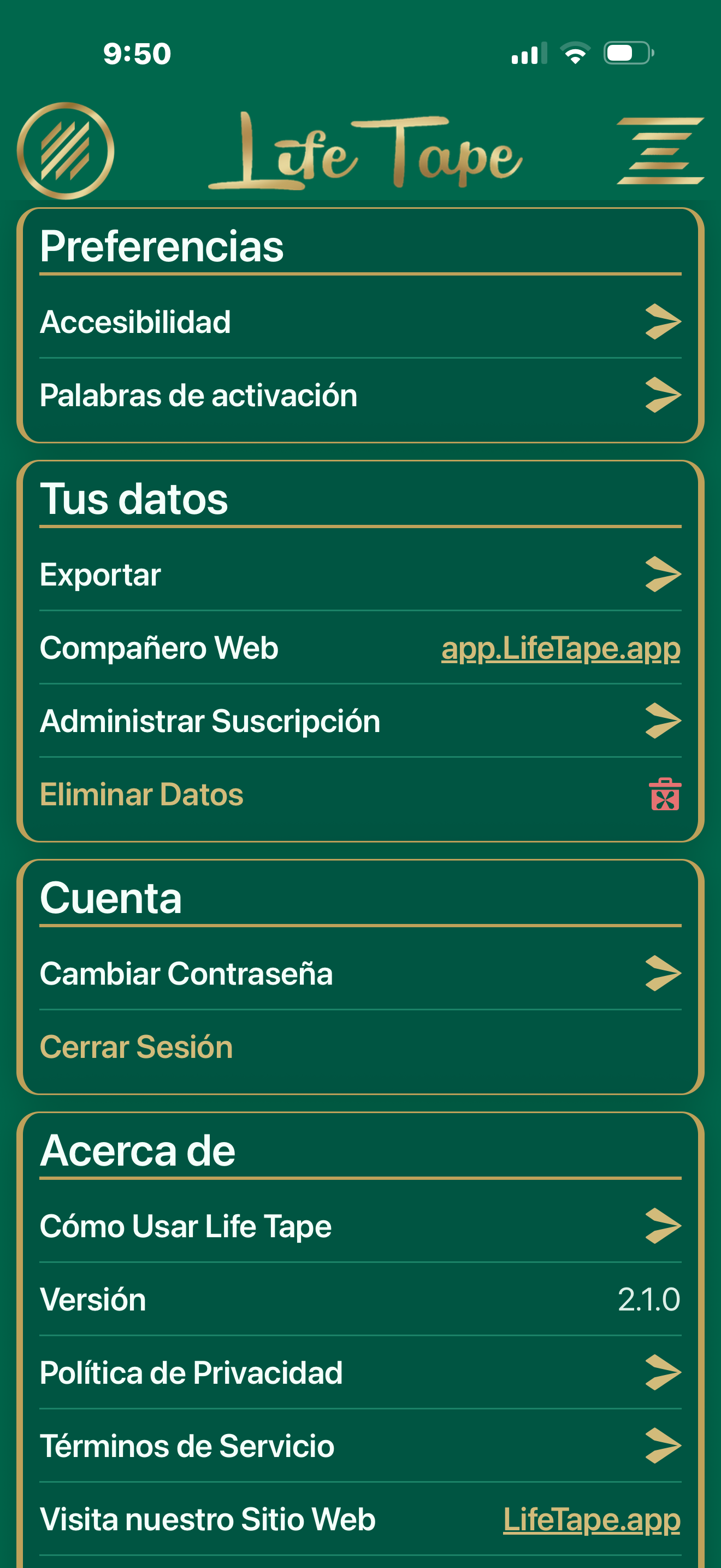 Pantalla de ajustes para privacidad, exportación y preferencias