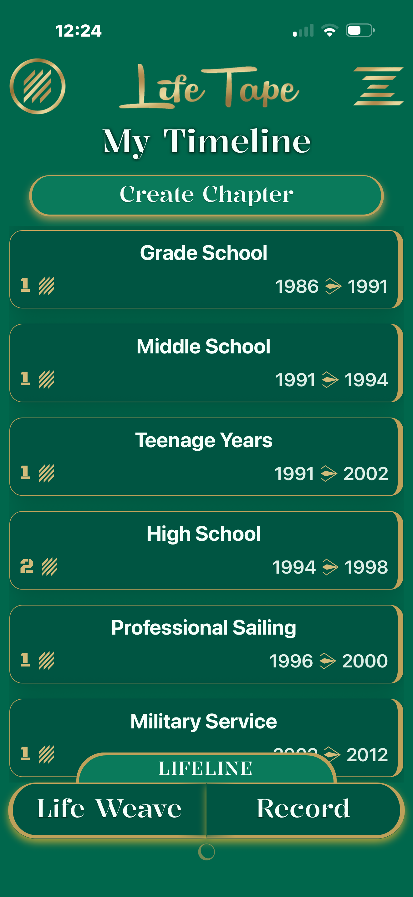 Timeline screen showing life chapters