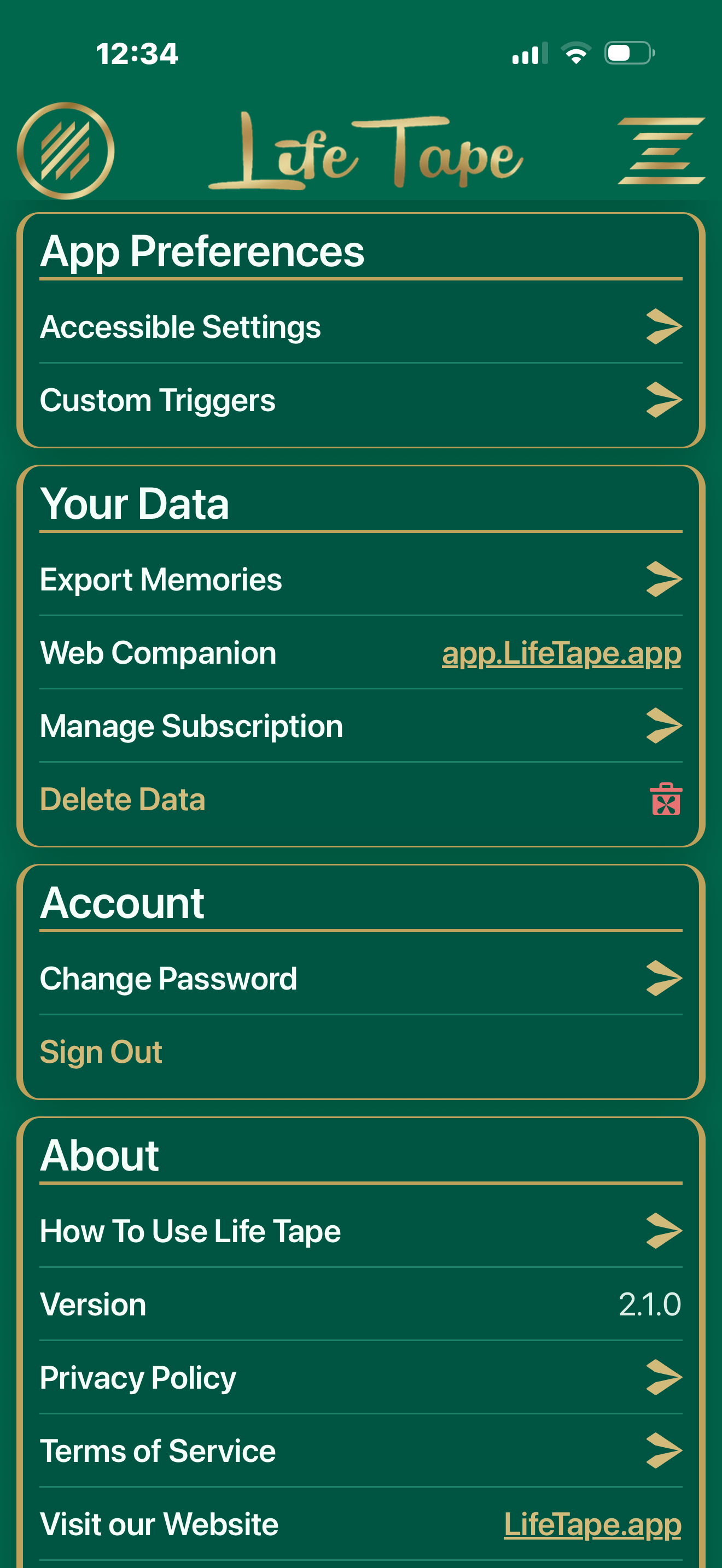 Settings screen for privacy, exporting, and preferences