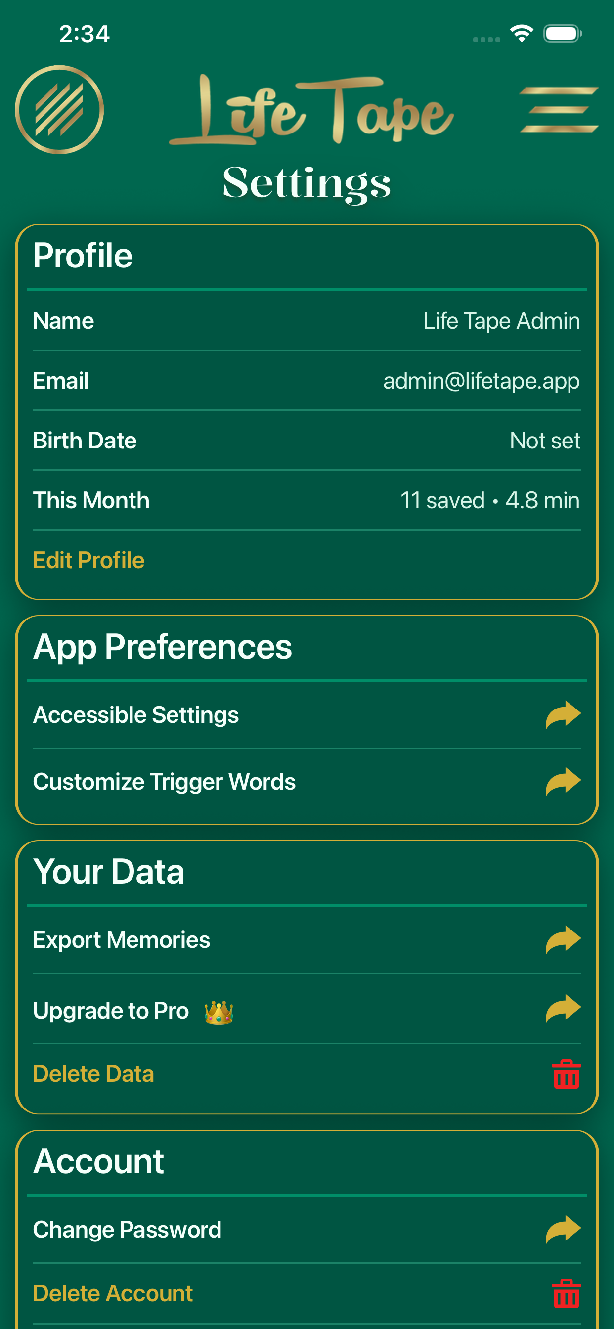 Settings screen for privacy, exporting, and preferences