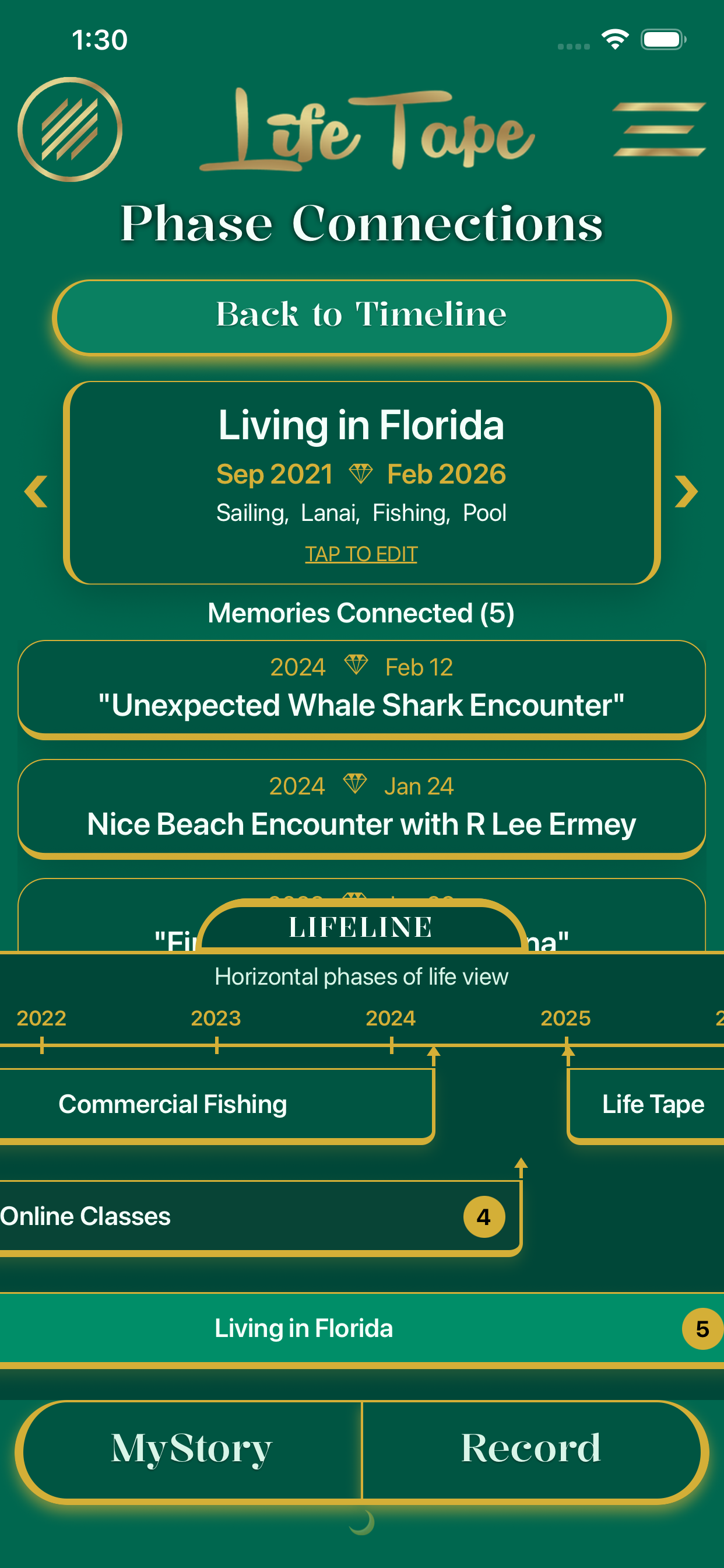 Timeline screen showing organized memories